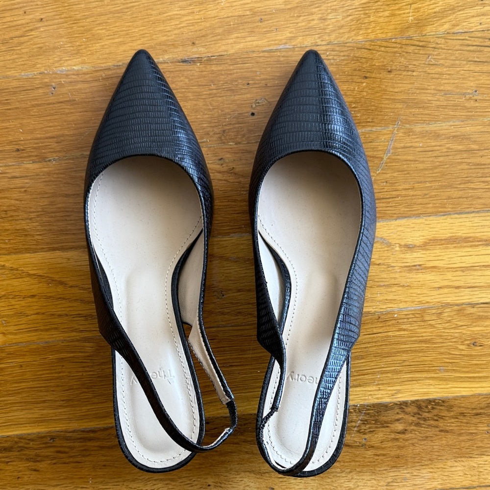 Brand New Theory Black Lizard Print Slingback Pointed Toe Women's Shoes